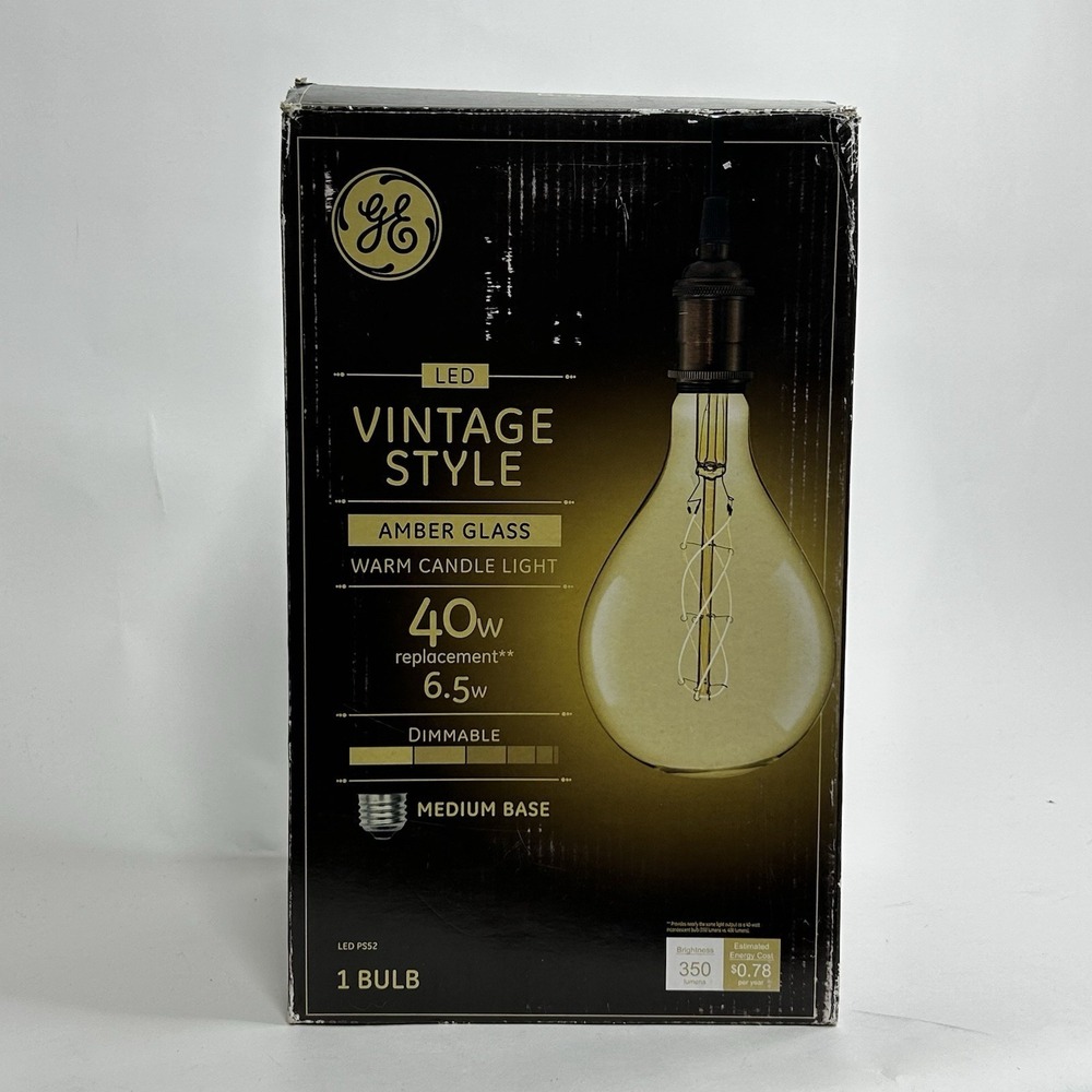 GE Vintage Style Amber Glass LED PS52 Dimmable 40w Medium Base Large Pear Tested